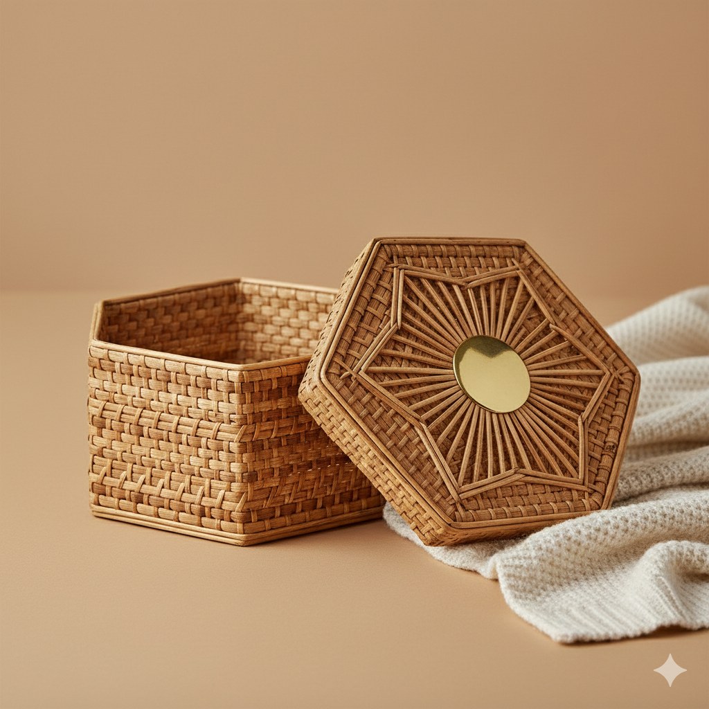 Handwoven Hexagonal Rattan Lid Box with Brass Knob and Sunburst Pattern