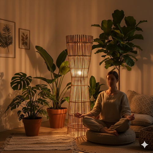Handwoven Bamboo Floor Lamp with Striped Shadow Patterns