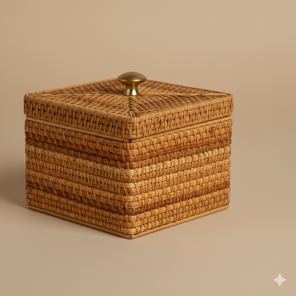 Handwoven Rattan Lid Box with Brass Knob for Jewelry and Trinkets