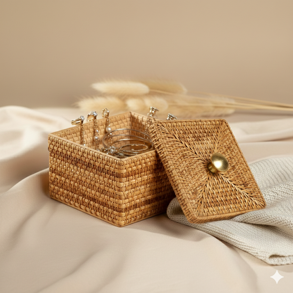 Handwoven Rattan Lid Box with Brass Knob for Jewelry and Trinkets