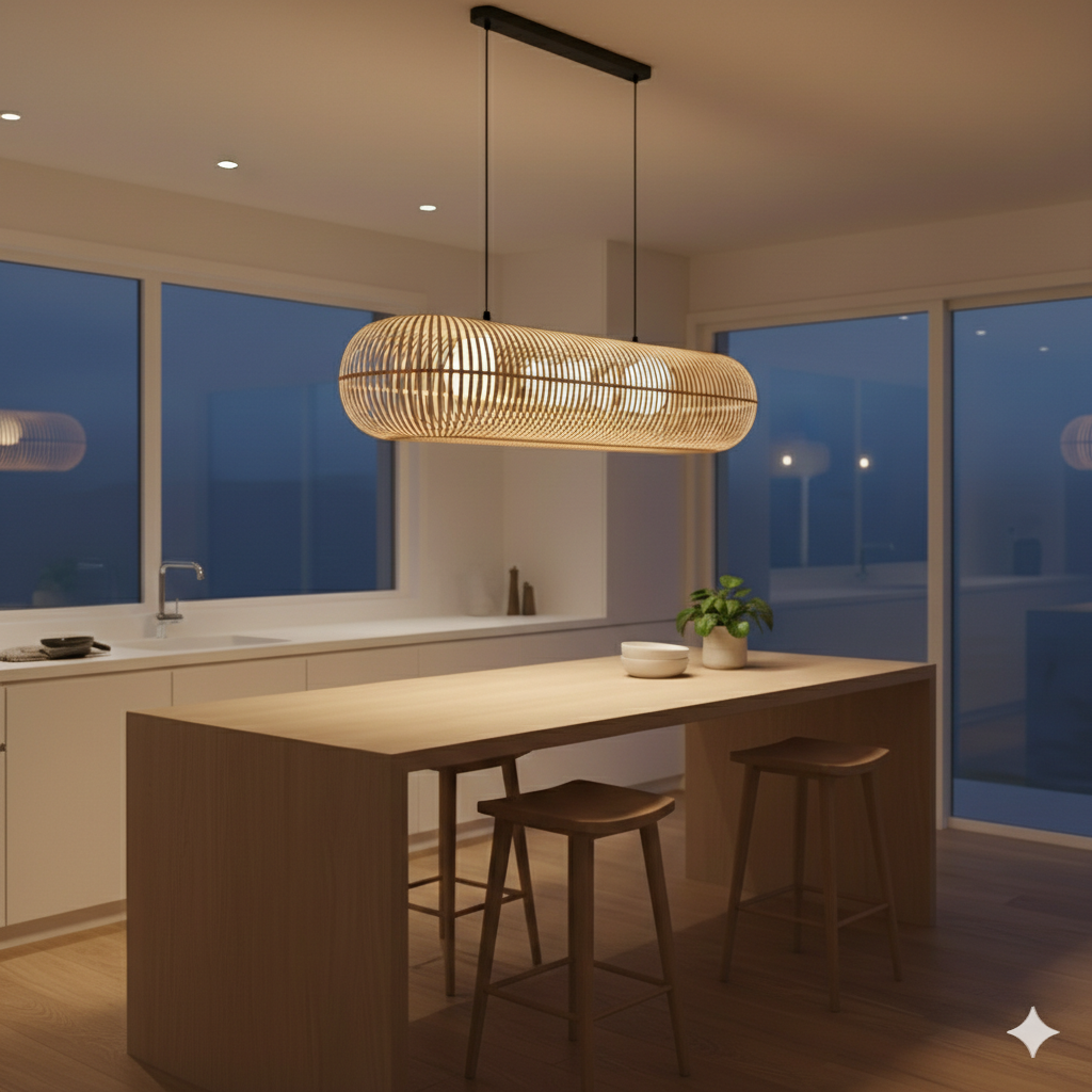 Handwoven Bamboo Linear Pendant Lamp with Vertical Slat Weave