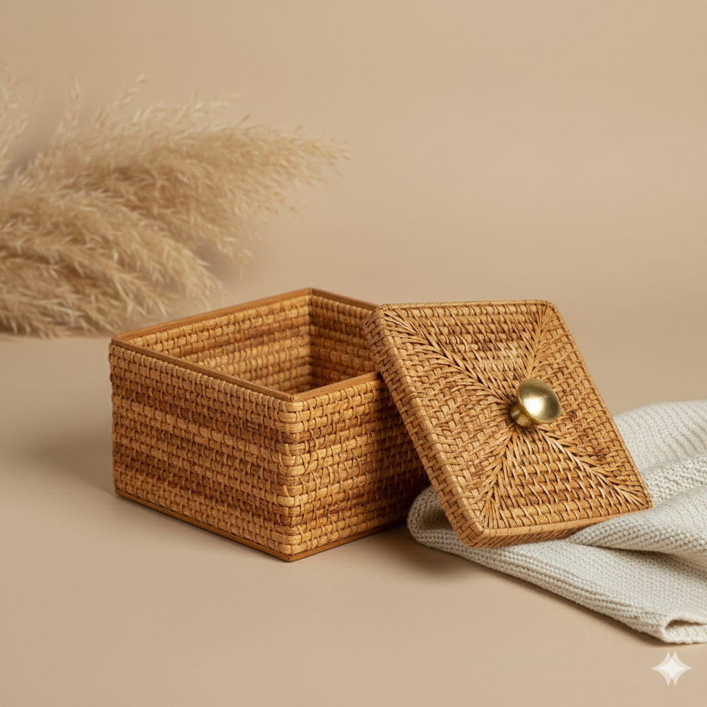 Handwoven Rattan Lid Box with Brass Knob for Jewelry and Trinkets