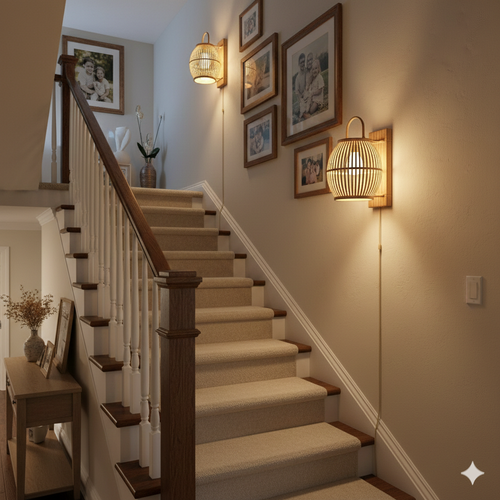 Handwoven Bamboo Lantern Wall Sconce with Arched Handle