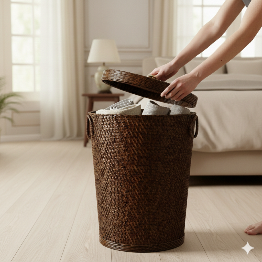 Handwoven Rattan Hamper with Fitted Lid and Herringbone Weave