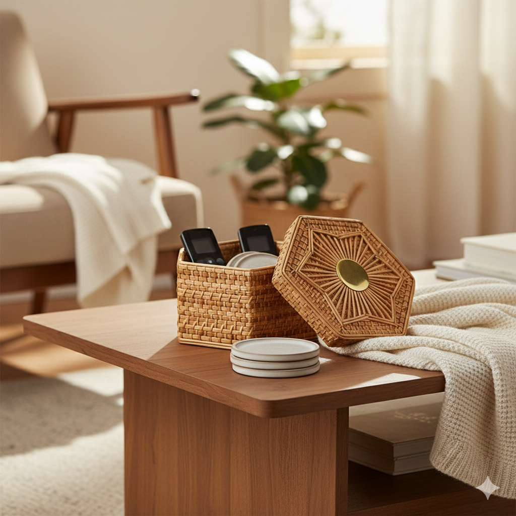 Handwoven Hexagonal Rattan Lid Box with Brass Knob and Sunburst Pattern