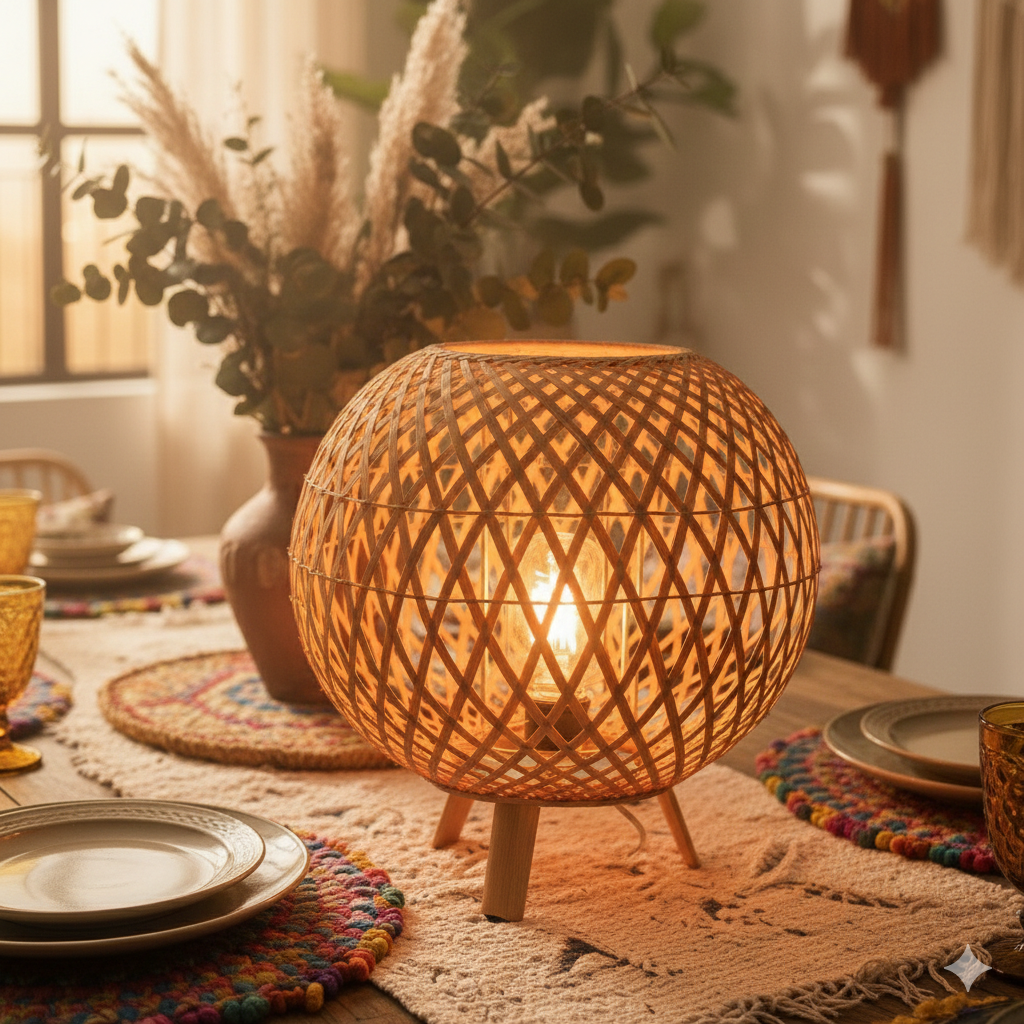 Handwoven Bamboo Table Lamp with Diamond Lattice Pattern