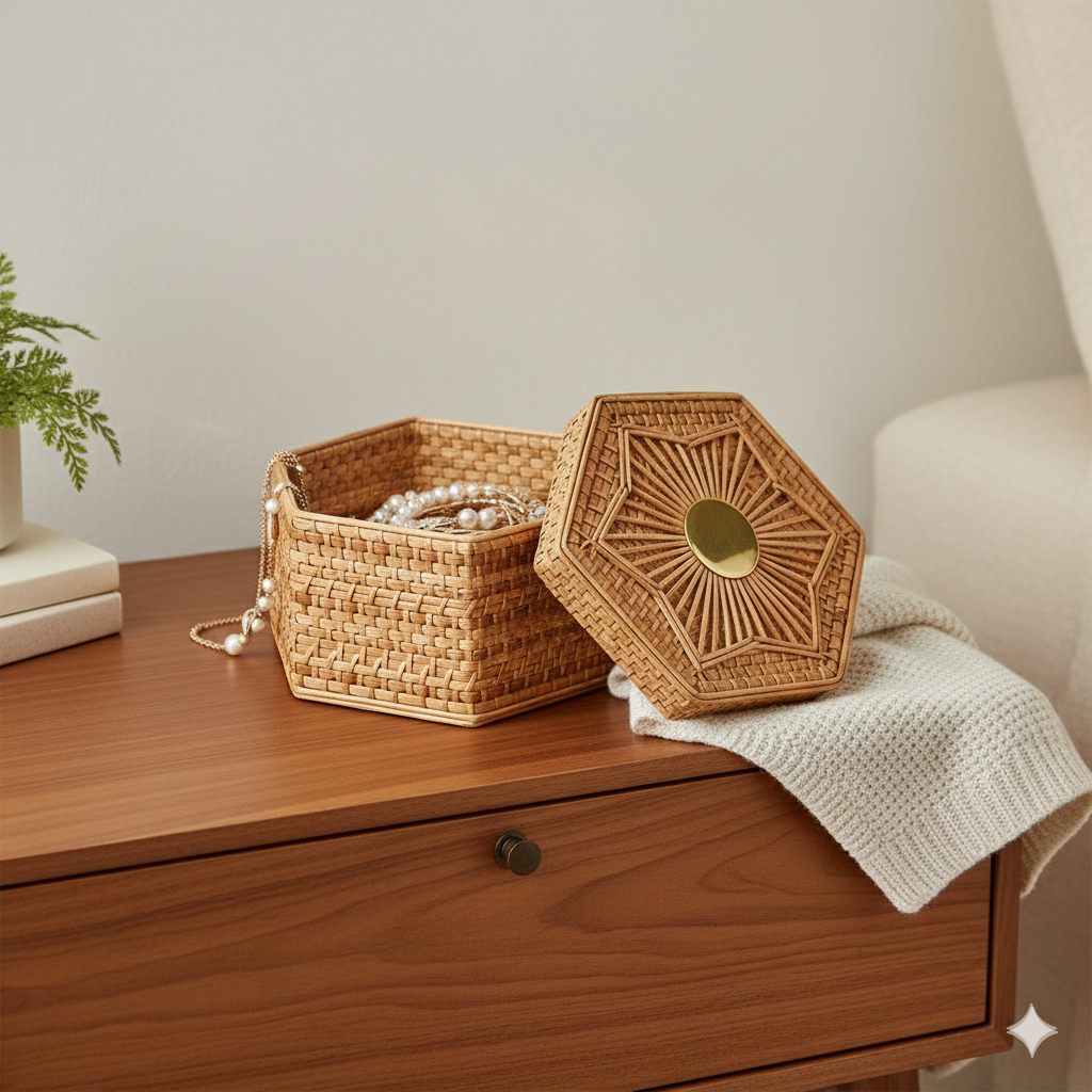 Handwoven Hexagonal Rattan Lid Box with Brass Knob and Sunburst Pattern