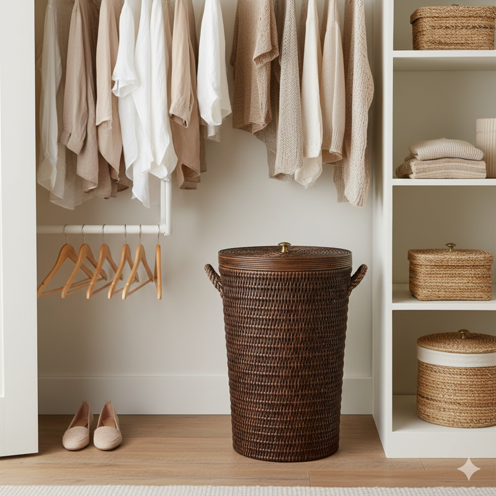 Handwoven Rattan Hamper with Fitted Lid and Herringbone Weave
