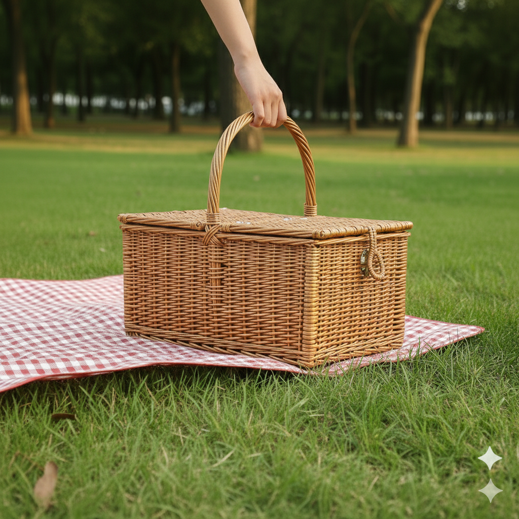 Handwoven Bamboo Picnic Basket with Hinged Lid and Double Handles