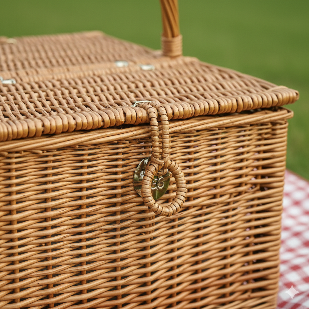 Handwoven Bamboo Picnic Basket with Hinged Lid and Double Handles