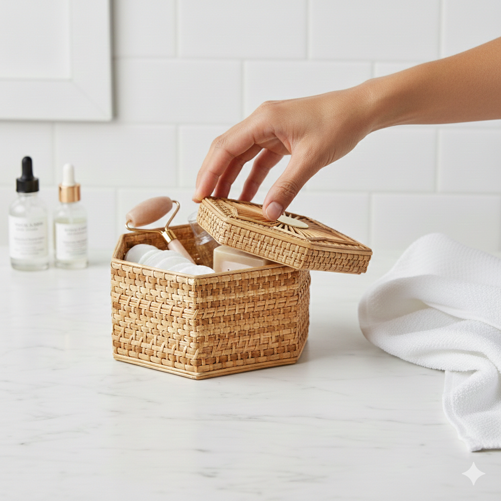 Handwoven Hexagonal Rattan Lid Box with Brass Knob and Sunburst Pattern