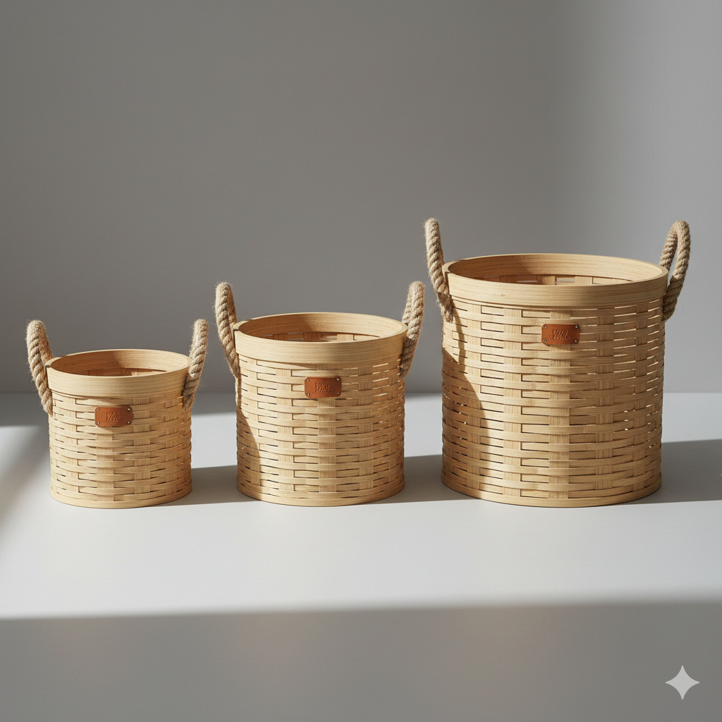 Handwoven Bamboo Storage Baskets Set of 3 with Rope Handles