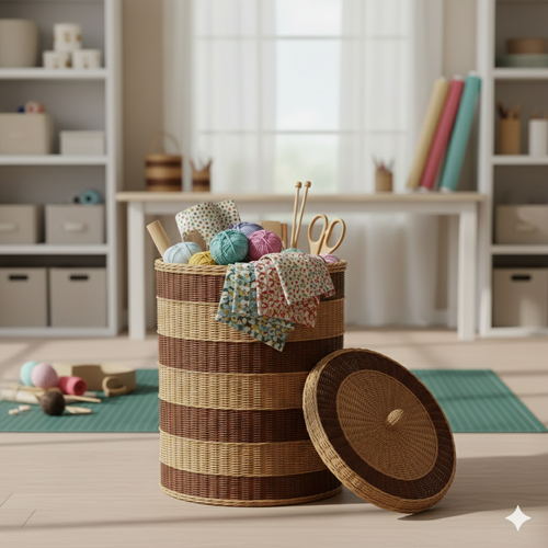 Handwoven Bamboo Laundry Basket with Fitted Lid and Striped Design