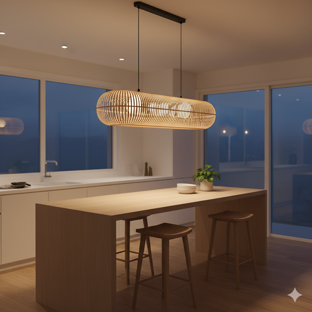 Handwoven Bamboo Linear Pendant Lamp with Vertical Slat Weave