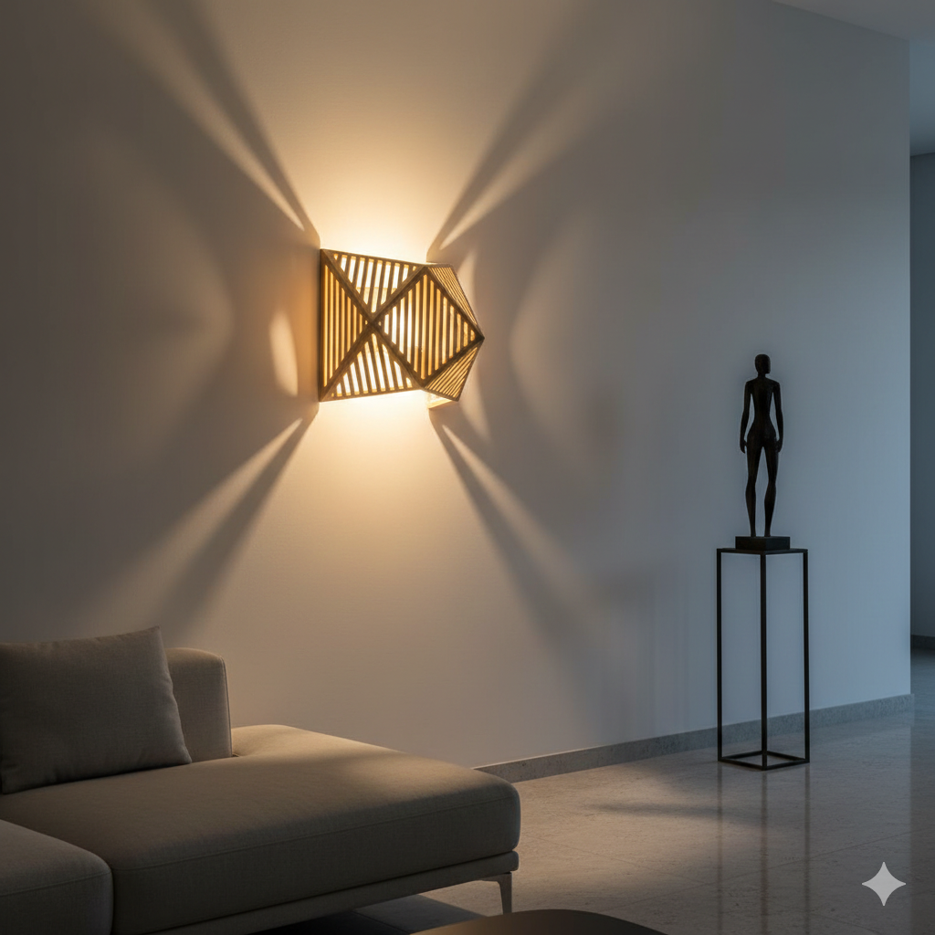 Handwoven Bamboo Wall Sconce with Geometric Starburst Shadows
