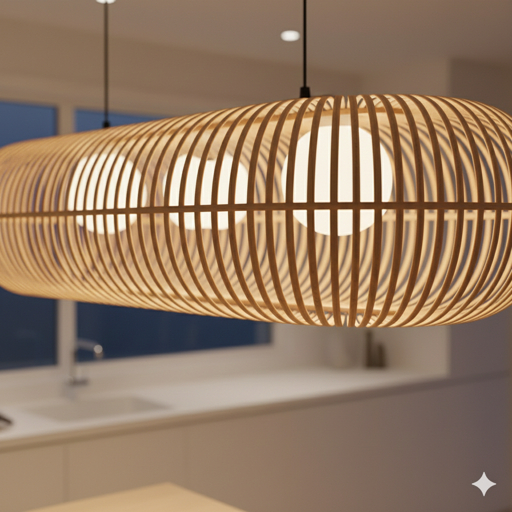 Handwoven Bamboo Linear Pendant Lamp with Vertical Slat Weave