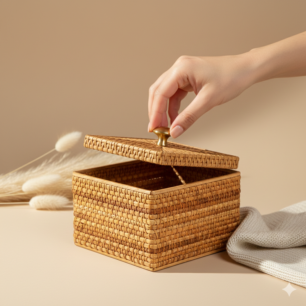 Handwoven Rattan Lid Box with Brass Knob for Jewelry and Trinkets