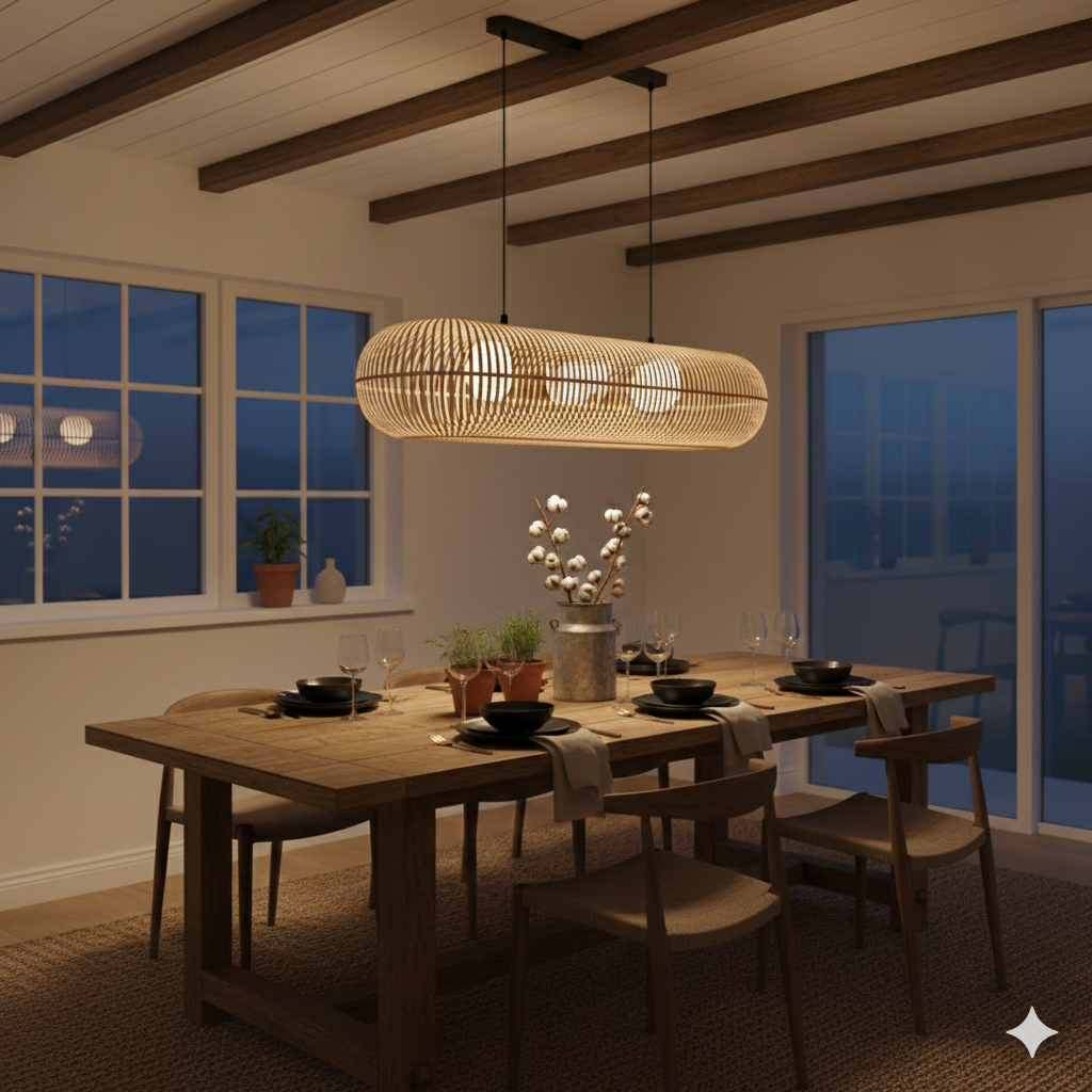 Handwoven Bamboo Linear Pendant Lamp with Vertical Slat Weave