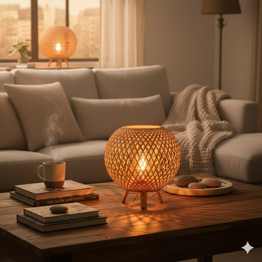 Handwoven Bamboo Table Lamp with Diamond Lattice Pattern