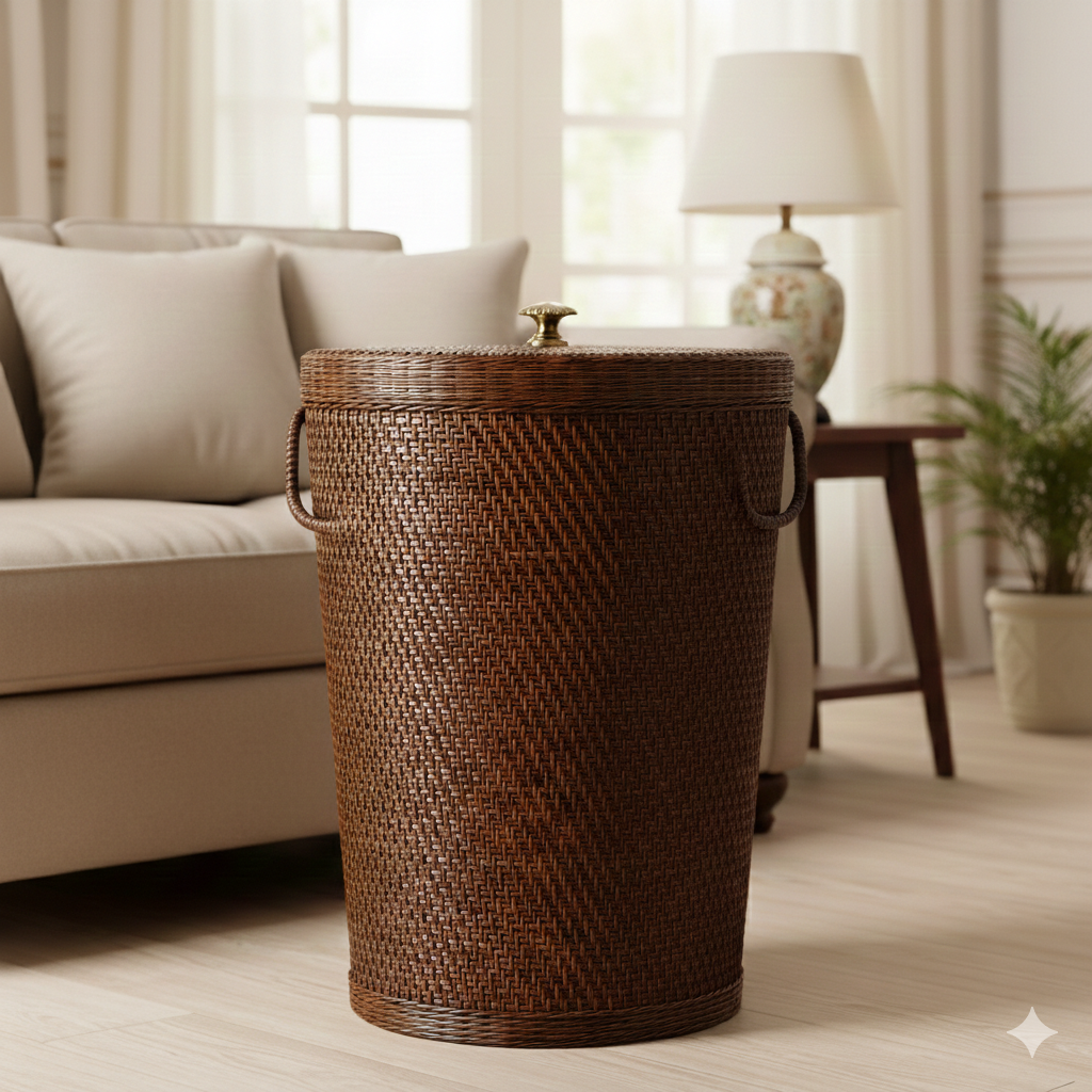 Handwoven Rattan Hamper with Fitted Lid and Herringbone Weave