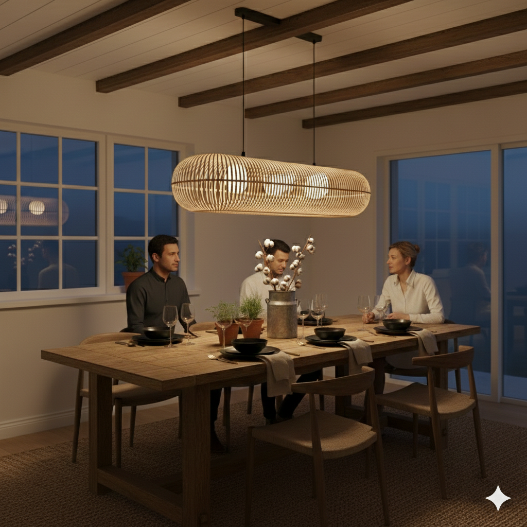 Handwoven Bamboo Linear Pendant Lamp with Vertical Slat Weave