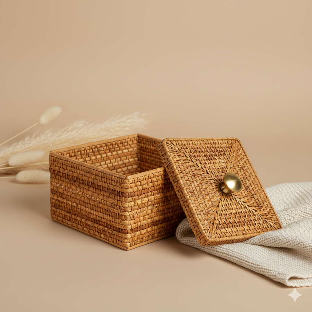 Handwoven Rattan Lid Box with Brass Knob for Jewelry and Trinkets