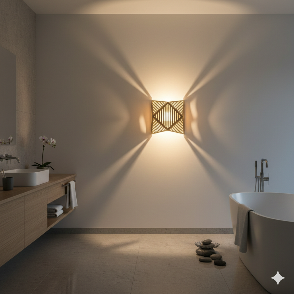 Handwoven Bamboo Wall Sconce with Geometric Starburst Shadows