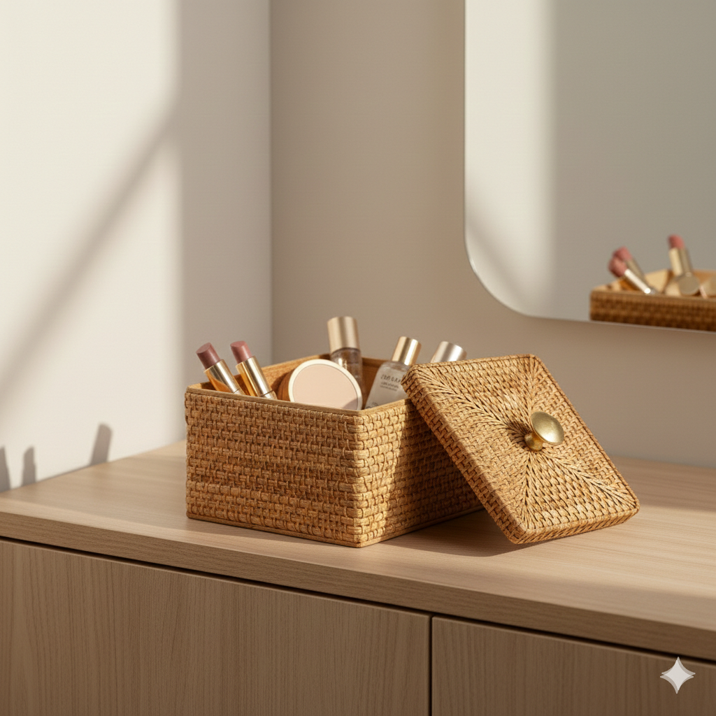Handwoven Rattan Lid Box with Brass Knob for Jewelry and Trinkets
