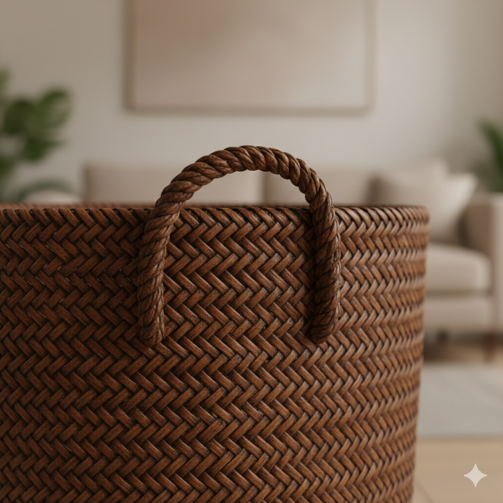 Handwoven Rattan Hamper with Fitted Lid and Herringbone Weave