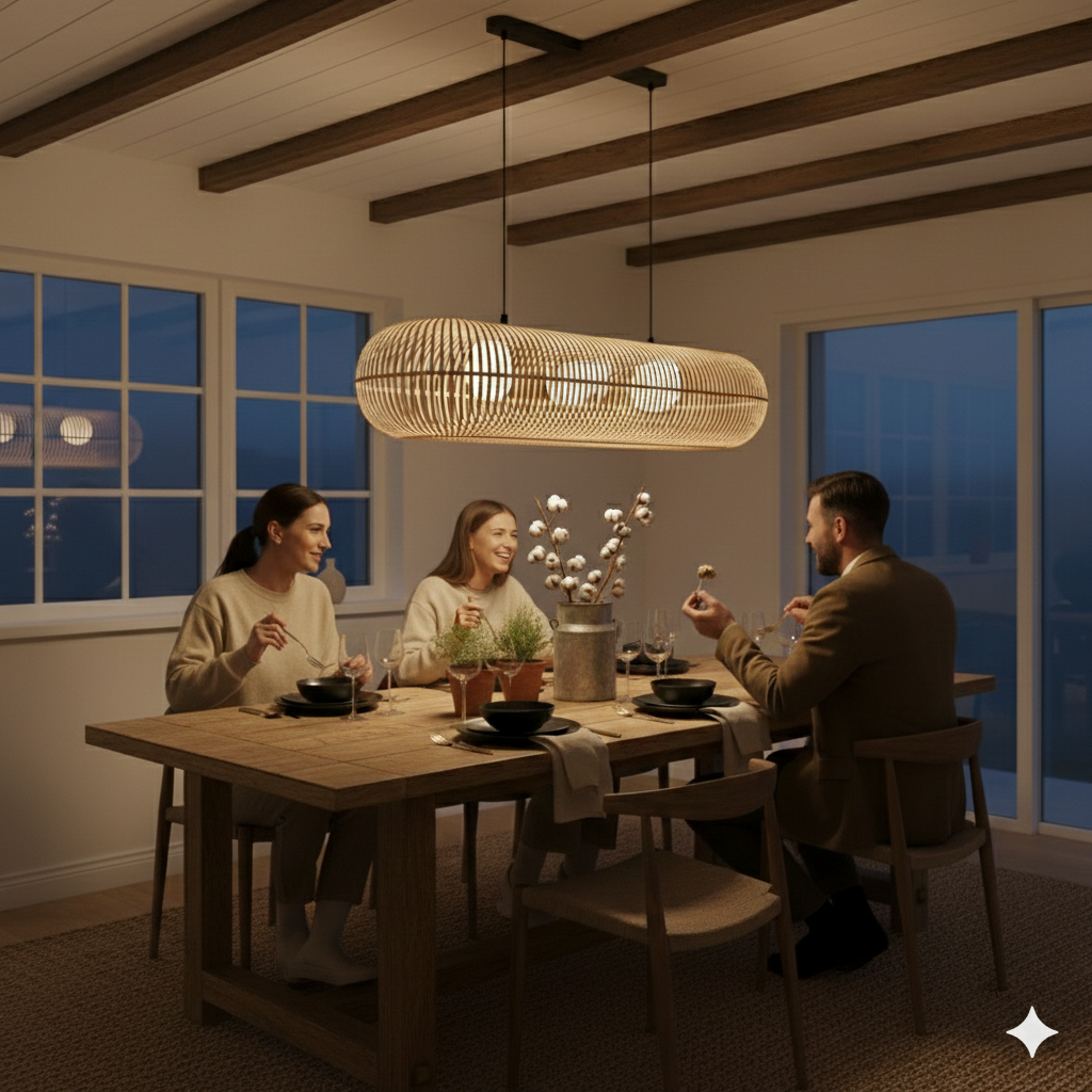 Handwoven Bamboo Linear Pendant Lamp with Vertical Slat Weave