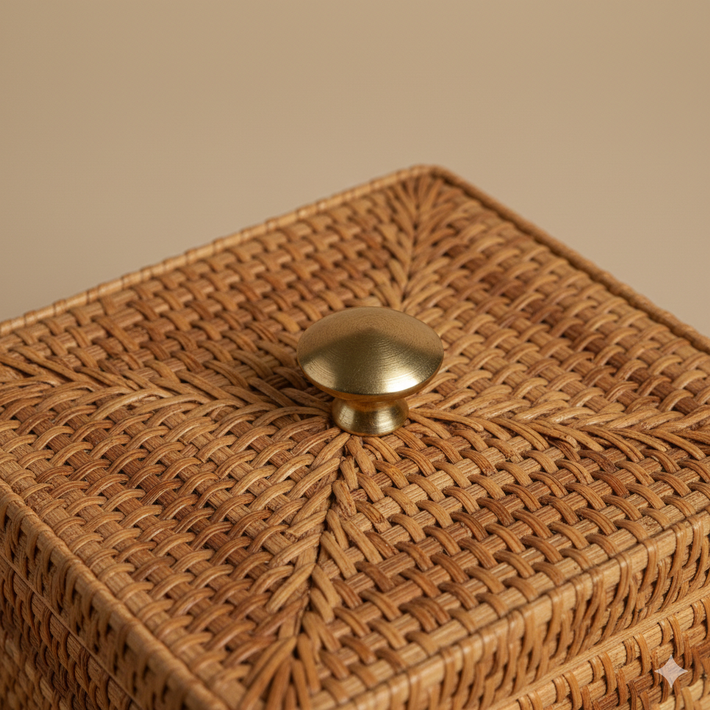 Handwoven Rattan Lid Box with Brass Knob for Jewelry and Trinkets