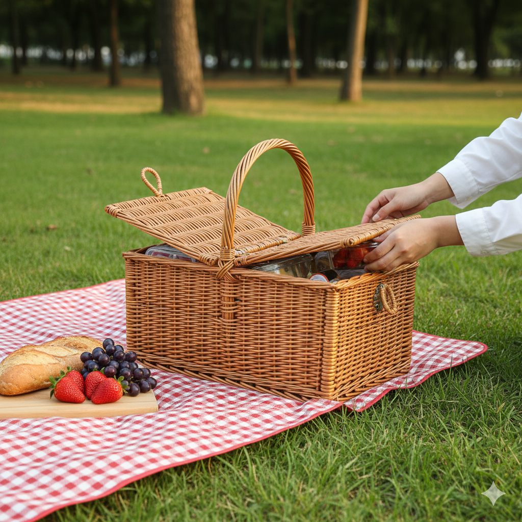 Handwoven Bamboo Picnic Basket with Hinged Lid and Double Handles